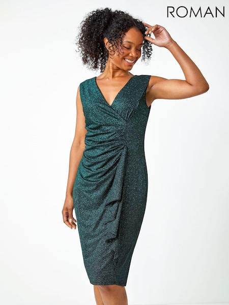 Roman Green Petite Ruched Waterfall Stretch Dress (Q55819) | €31