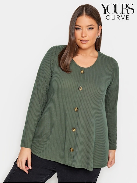 Yours Curve Green Limited Long Sleeve Ribbed Button Front Tunics (Q56084) | €3.50