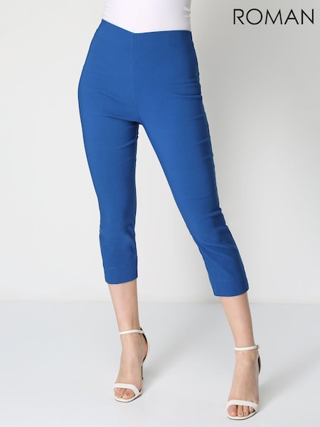 Roman Blue Ground Cropped Stretch Capri Trousers (Q56099) | ₪201