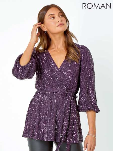 Roman Purple Embellished Sequin Stretch Wrap Top (Q56118) | €26