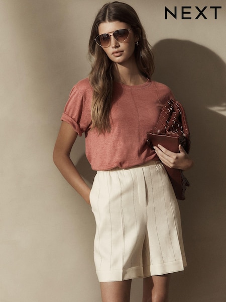 Rose Pink Slim Fit Premium 100% Linen Crew Neck Short Sleeve T-Shirt (Q56147) | €10