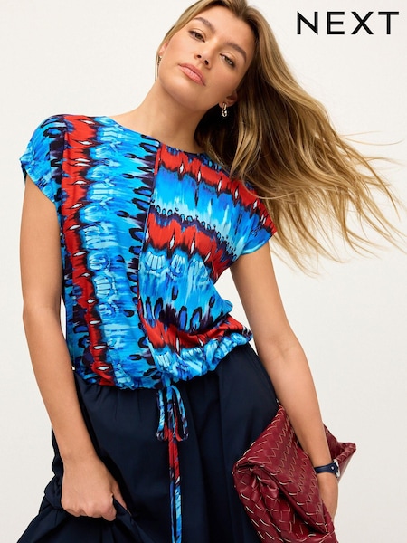 Синий с принтом тай-дай - Cap Sleeve Drawstring Detail Top (Q56157) | €8