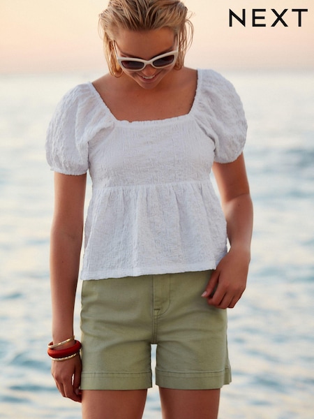 Белый - Textured Puff Sleeve Square Neck Top (Q56173) | €8