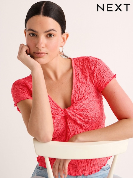 Pink Textured Twist Front Short Sleeve Top (Q56180) | €10