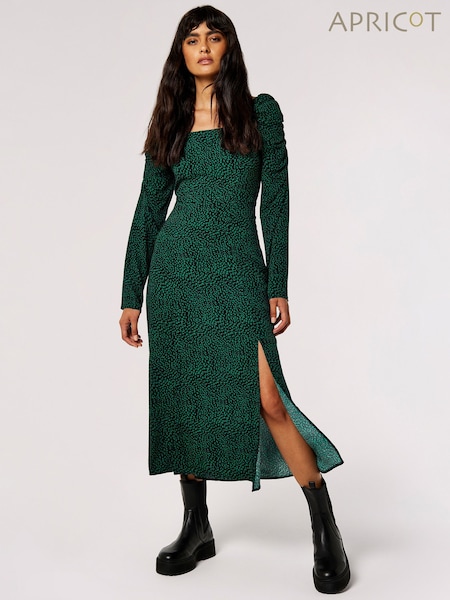 Apricot Green Ikat Ruched Long Sleeve Side Split Dress (Q56217) | AED108