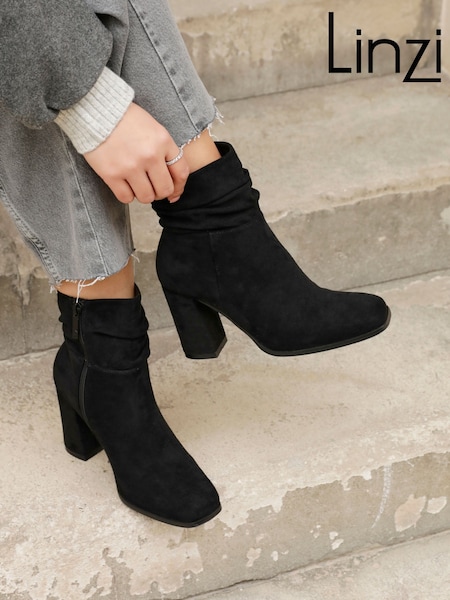 Linzi Black Mila Faux Suede Ruched Square Toe Block Heel Boots (Q56261) | €56