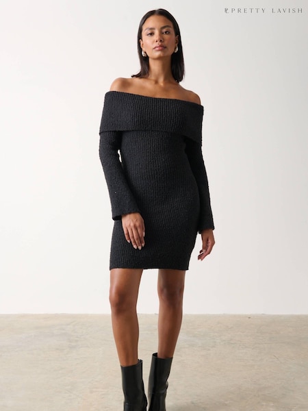 Pretty Lavish Black Elodie Mini Bardot Knitted Jumper Dress (Q56513) | €24