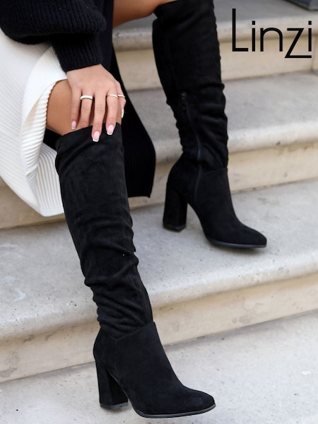 Linzi Black Tennessee Faux Suede Block Heel High Leg Boots (Q56538) | 247 QAR