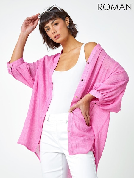 Vaaleanpunainen - Roman Oversized Plain Cotton Blend Shirt (Q56906) | €50