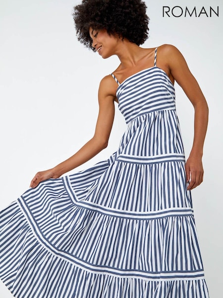 Roman Blue 100% Cotton Stripe Tiered Maxi Dress (Q56917) | €30