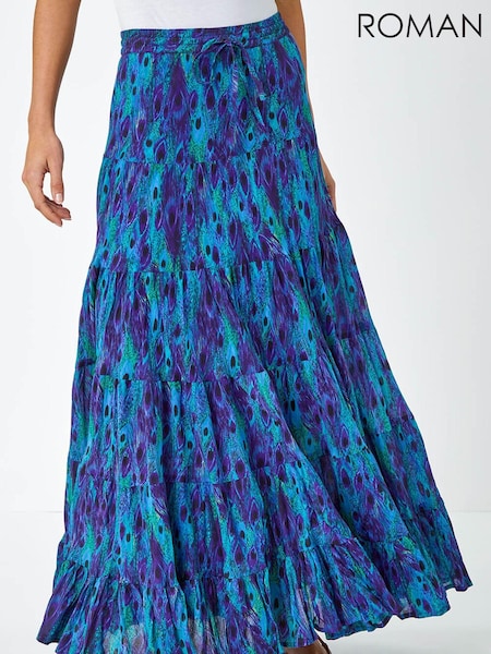 Roman Blue Feather Print Tiered 100% Cotton Maxi Skirt (Q56918) | ₪220