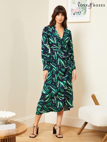 Love & Roses Blue Animal Collared Long Sleeve Wrap Midi Dress (Q57174) | €13.50
