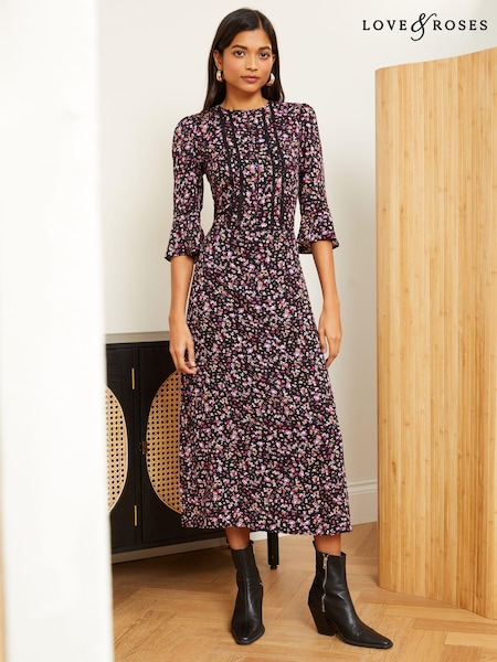 Love & Roses Black Ditsy Printed Flute Sleeves High Neck Lace Trim Midi Dress (Q57175) | €19