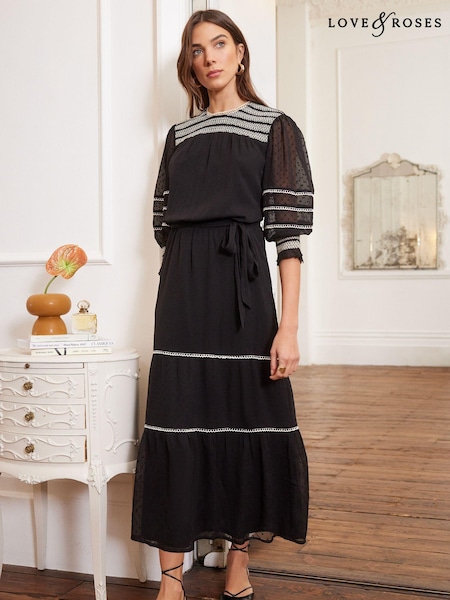 Negru/Alb - Rochie midi cu straturi suprapuse și detalii cusute contrastante Love & Roses Cu curea (Q57187) | 207 LEI