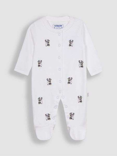 JoJo Maman Bébé White Panda Embroidered Cotton Baby Sleepsuit (Q57271) | AED135