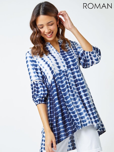 أزرق - Roman Floral Print Boho Smock Top (Q57347) | ‏116 د.إ.‏