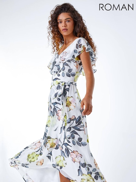 Roman Cream Floral Tie Waist Chiffon Dress (Q57440) | €105