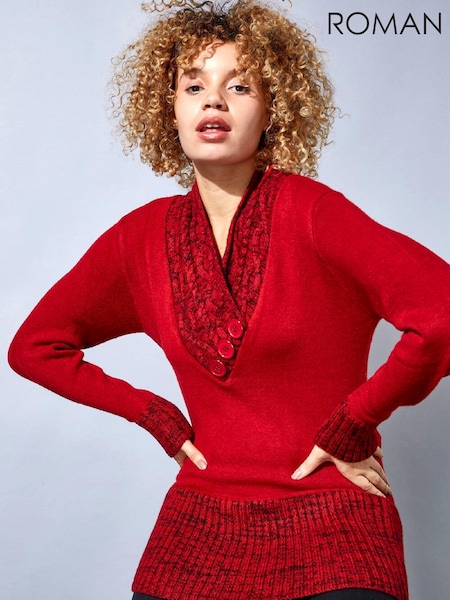 Roman Red V-Neck Overlap Button Detail Jumper (Q57484) | €21.50