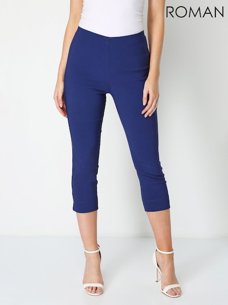 Roman Dark Blue Ground Cropped Stretch Capri Trousers (Q57490) | ₪201