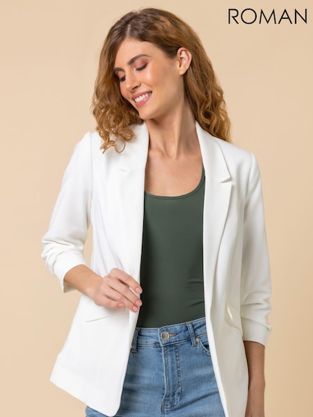 Roman White Ruched 3/4 Sleeve Jacket (Q57692) | AED328