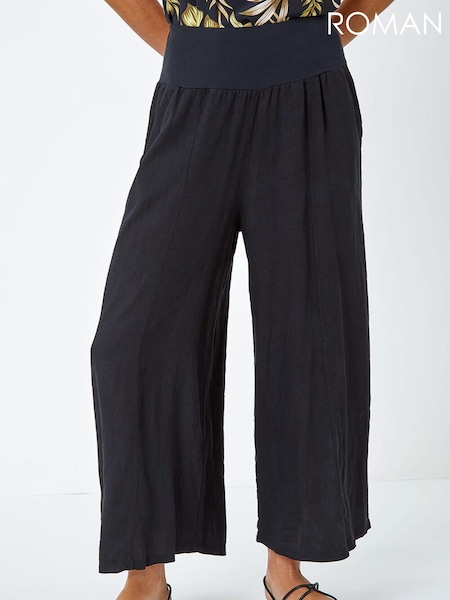 Roman Black Linen Blend Stretch Waist Culottes (Q57754) | ₪226