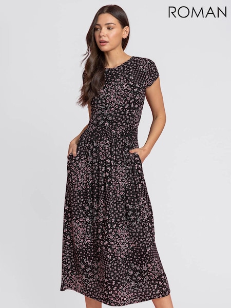 Roman Black Patchwork Floral Midi Dress (Q57757) | AED306
