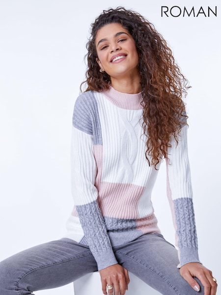 Roman Pink High Neck Colourblock Cable Knit Jumper (Q57785) | €30