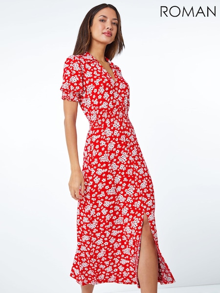 Roman Red Ditsy Floral Print Jersey Fit & Flare Dress (Q57787) | €53