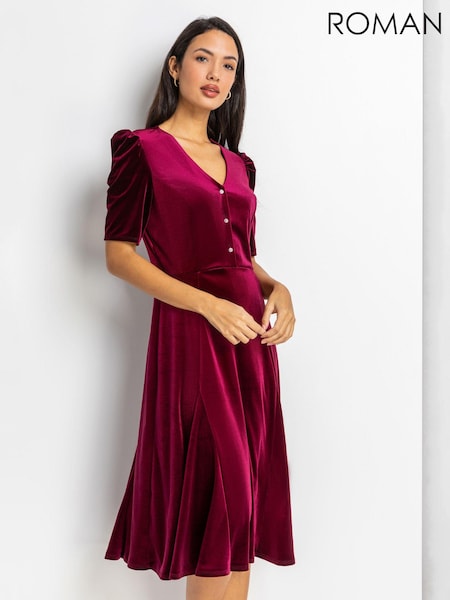 Roman Pink Velvet Button Detail Midi Dress (Q57803) | €30