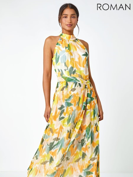 Roman Yellow Floral Halterneck Pleated Maxi Dress (Q57943) | €41.50
