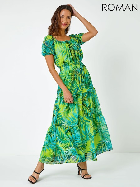 Roman Green Palm Print Tiered Maxi Dress (Q57951) | €38
