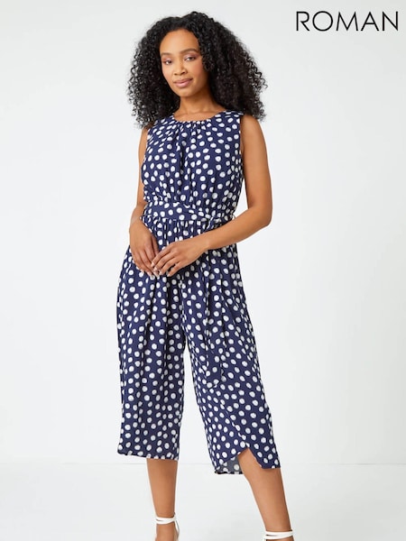 Roman Blue Petite Polka Dot Cropped Jumpsuit (Q58056) | €26