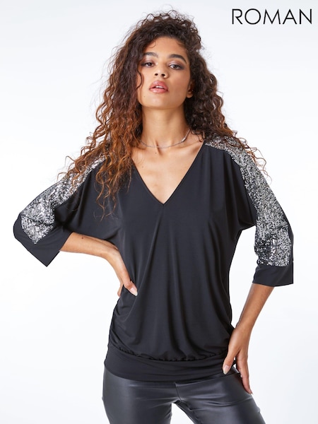 Roman Black Sequin Trim Wrap Top (Q58061) | €20