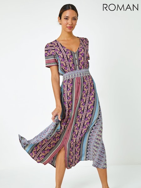 Roman Purple Floral Print Fit and Flare Maxi Dress (Q58130) | €58
