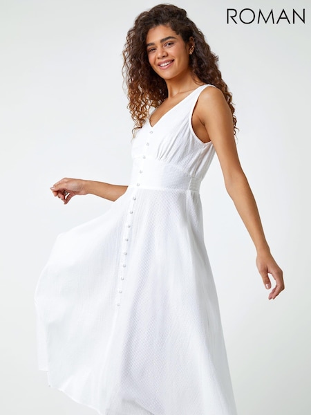 Roman White Textured Stripe Button Detail Midi 100% Cotton Dress (Q58287) | 2,884 UAH