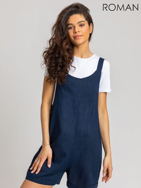 Roman Blue Shoulder Tie Detail Cotton/Linen Blend Playsuit (Q58424) | €21.50