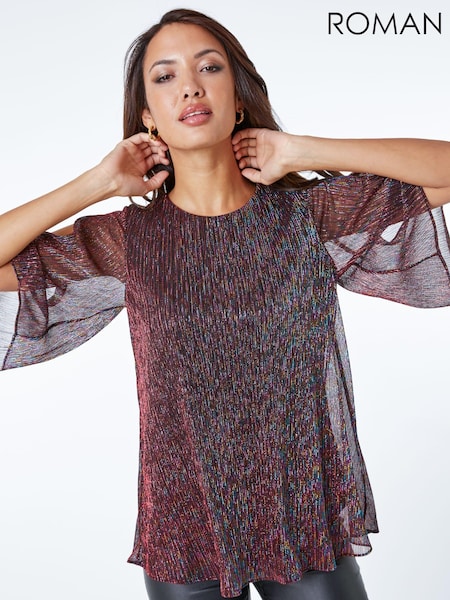 Roman Red Metallic Plisse Overlay Top (Q58436) | €17.50