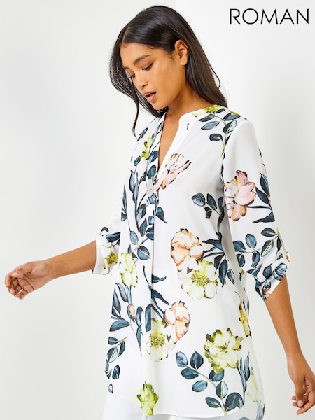 Roman White Longline Button Detail Floral Print Top (Q58445) | €45