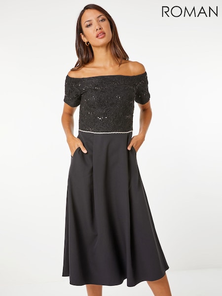 Roman Black Lace Bardot Fit & Flare Midi Dress (Q58454) | €37