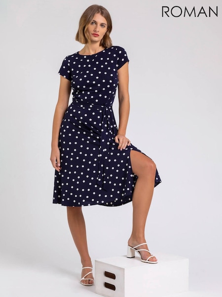Roman Blue Tie Waist Spot Print Dress (Q58466) | 2,523 UAH