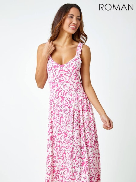 Roman Pink Sleeveless Floral Midi Stretch Dress (Q58506) | R$ 510