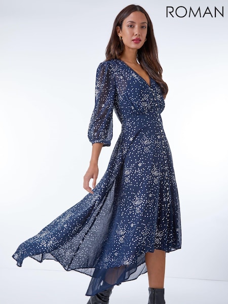 Roman Blue Star Print High Low Hem Maxi Dress (Q58551) | €46