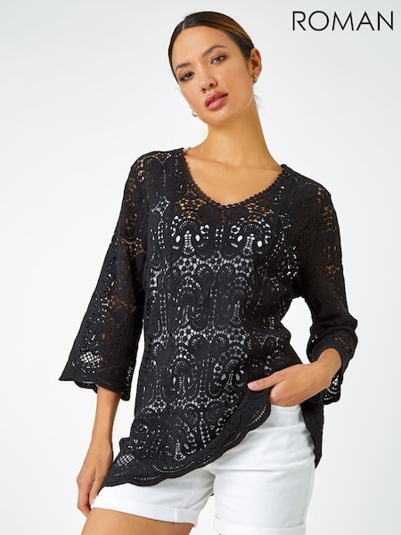 Roman Black Crochet V-Neck 3/4 Sleeve 100% Cotton Tunic Top (Q58637) | €51