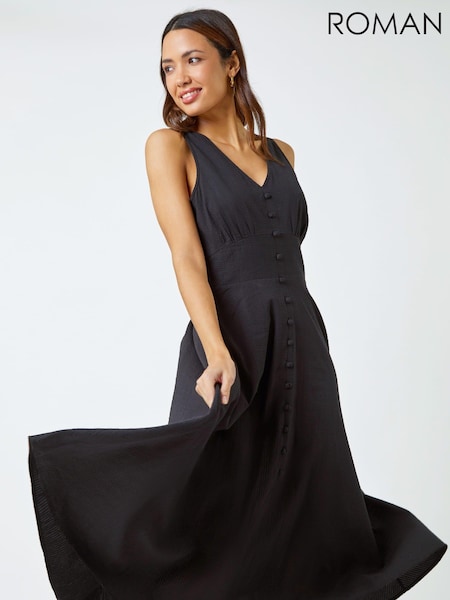 Roman Black Textured Stripe Button Detail Midi 100% Cotton Dress (Q58651) | 2,884 UAH