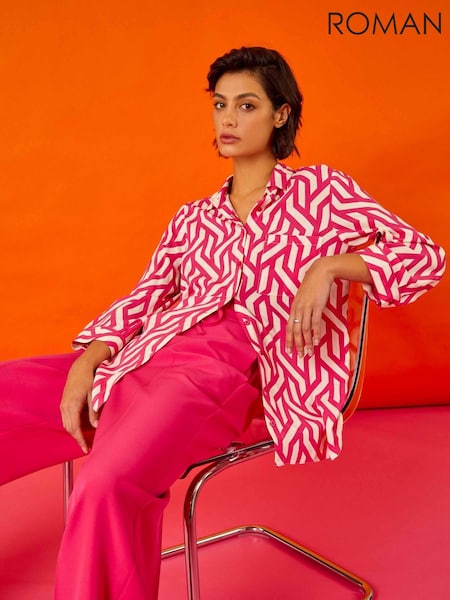 Roman Pink Geometric Print Longline Shirt (Q58657) | €25
