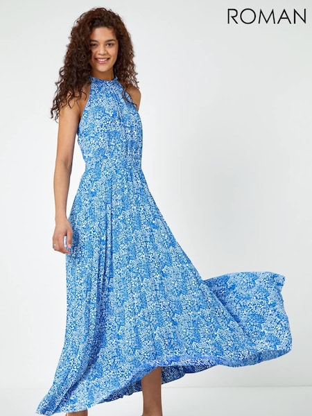 Roman Blue Ditsy Floral Halter Neck Maxi Dress (Q58660) | €44.50