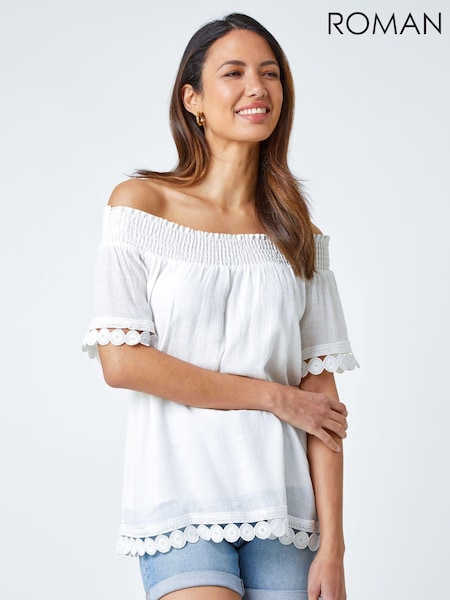 Roman Lace Detail Shirred Bardot Top (Q58694) | ‏201‏₪