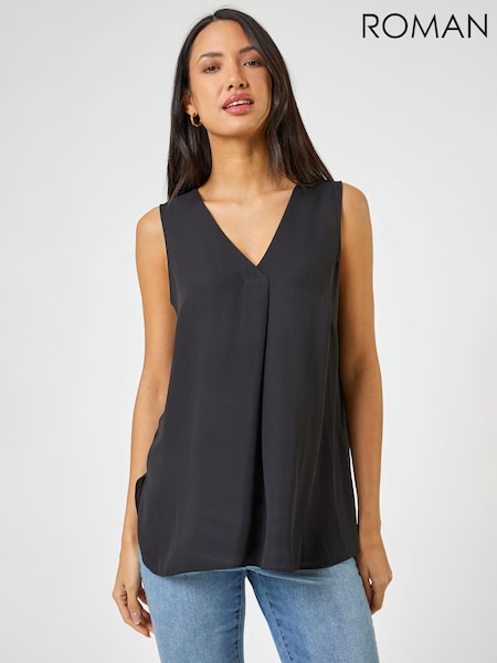 Roman Black V-Neck Pleat Tank Top (Q58763) | 1,923 UAH