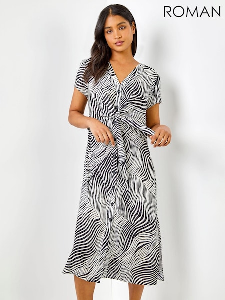 Roman Black Abstrace Wave Print Tie Knot Detail Dress (Q59074) | €25