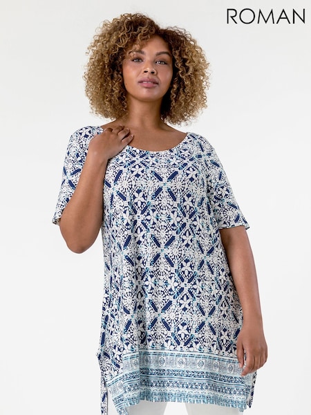 Roman Blue Curve Tile Print Longline Top (Q59187) | €49